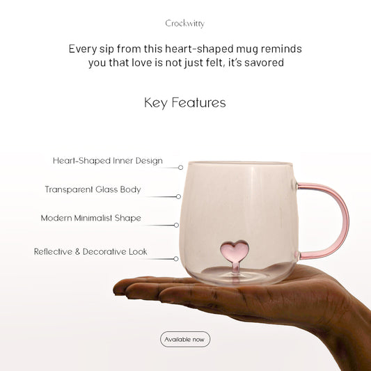 Heart Design Glass Mug Set of 1 500 ml