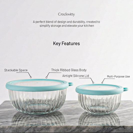 CrystalSeal Glass Storage Bowls – Set of 4 (2 bowls of 350 ml & 2 bowls of 650 ml), Microwave Safe Bowls with Silicone Unbreakable Lid