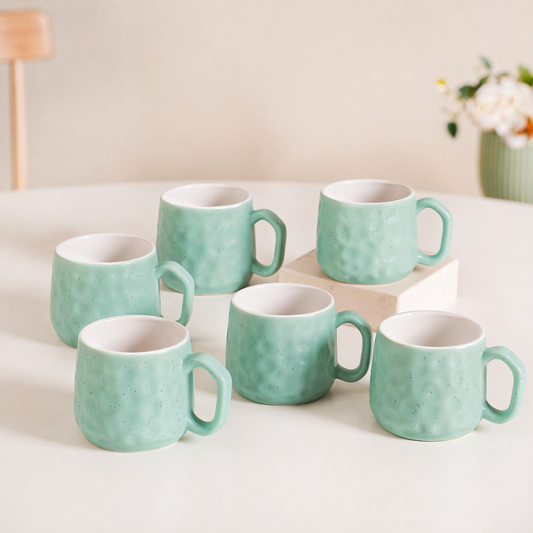 Hammered Mint Ceramic Chai Mug Set of 6 — 200 ml | Lead and Cadmium Free | Microwave Safe | Wide Handle | Tea Coffee Mug Set for Home and Kitchen