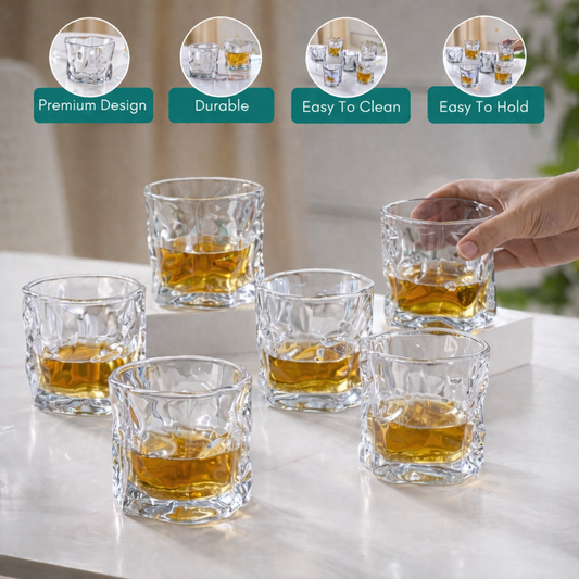 Crystal-Cut Whisky Glasses Set of 6 | 200ml Heavy Base Old Fashioned Rocks Glasses | Sculptural Textured Design | Premium Bar Glassware for Whiskey, Scotch, Bourbon & Cocktails | Gift Set