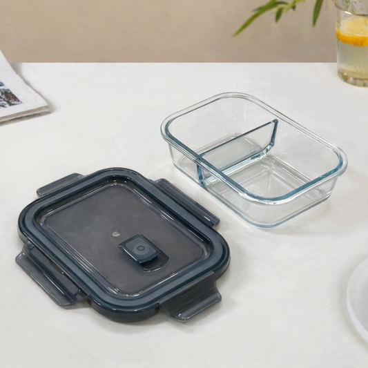 Borosilicate Glass Lunch Box with 2 Compartments | 600ml Airtight Leakproof Meal Prep Container | 4-Clip Lock Lid with Silicone Ring | Microwave Safe | Food-Safe Lead-Free | Office & School Tiffin