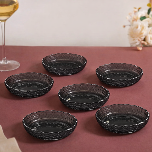Smoked Glass Snack Plates Set of 6 | Diamond Cut Vintage Pattern | Scalloped Rim Dessert Serving Plates | Lead-Free Chip-Resistant | Microwave & Dishwasher Safe | Charcoal Grey