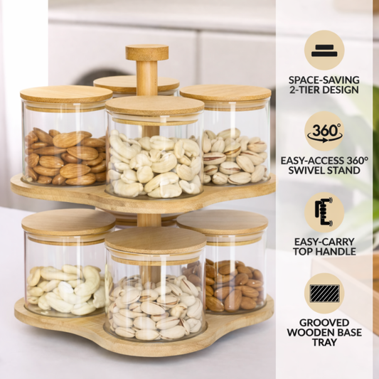 2-Tier Rotating Bamboo Glass Jar Set | 8 Airtight Storage Jars with 360° Swivel Stand | Dry Fruit, Spice & Snack Organiser for Kitchen Counter