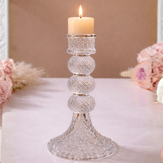 Crystal Triple Ball Diamond-Cut Glass Pillar Candle Holder