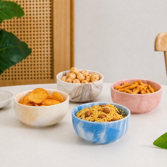Marble Ceramic Bowl Set of 4 — Blue, Pink, Grey and Cream | 500 ml Each | Microwave and Dishwasher Safe | Lead and Cadmium Free | Multicolour Soup Cereal Serving Bowl Gift Set