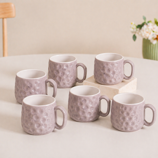 Hammered Lavender Ceramic Chai Mug Set of 6 — 200 ml | Lead and Cadmium Free | Microwave Safe | Wide Handle | Tea Coffee Mug Set for Home and Kitchen