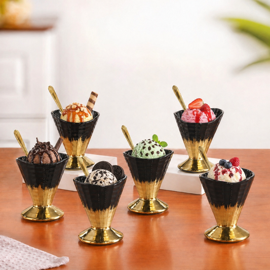 Crockwitty Black & Gold Ceramic Ice Cream Cups Set of 6 with Gold Spoons – Premium Sundae Bowls with Pedestal Base, 100ml