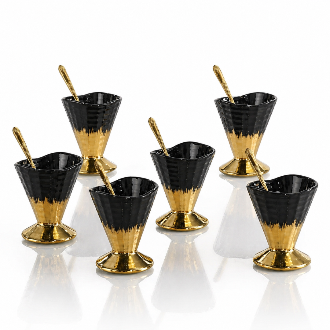 Crockwitty Black & Gold Ceramic Ice Cream Cups Set of 6 with Gold Spoons – Premium Sundae Bowls with Pedestal Base, 100ml