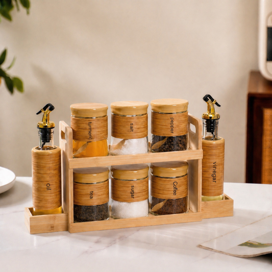 Bamboo Kitchen Organizer Set — 6 Airtight Glass Spice Jars (450ml) + 2 Oil & Vinegar Dispensers (320ml) + 2-Tier Bamboo Rack | Eco-Friendly Kitchen Storage