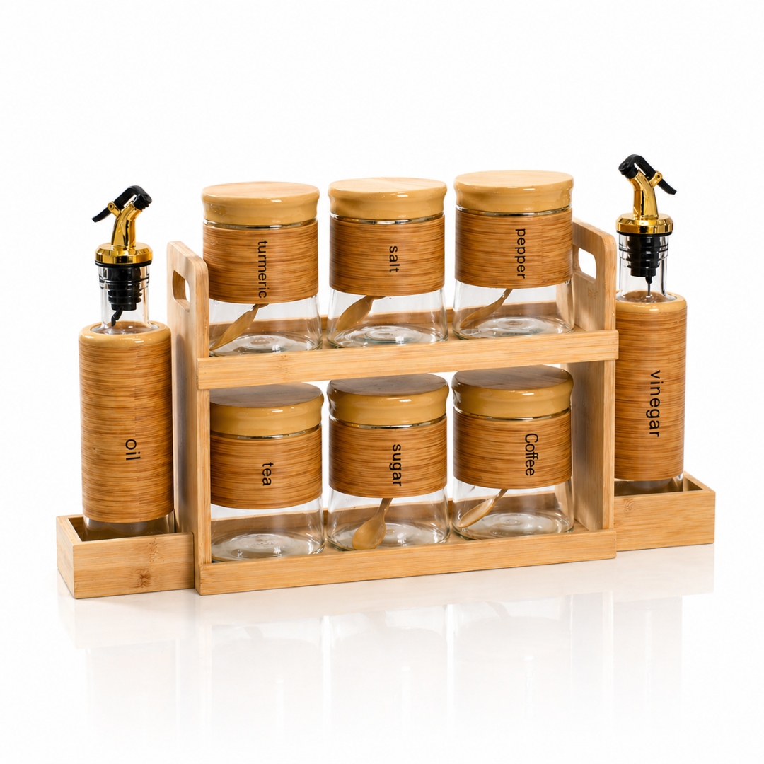 Bamboo Kitchen Organizer Set — 6 Airtight Glass Spice Jars (450ml) + 2 Oil & Vinegar Dispensers (320ml) + 2-Tier Bamboo Rack | Eco-Friendly Kitchen Storage