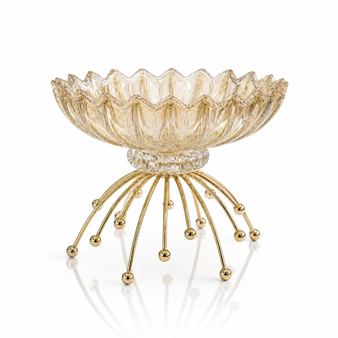 Crockwitty Crystal Glass Fruit Bowl with Gold Metal Stand — Scalloped Wave Design, Lead-Free | Luxury Centre Table Décor Bowl