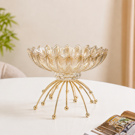 Crockwitty Crystal Glass Fruit Bowl with Gold Metal Stand — Scalloped Wave Design, Lead-Free | Luxury Centre Table Décor Bowl