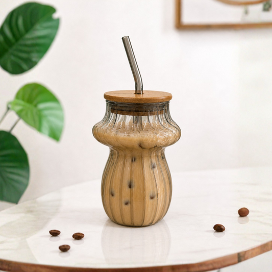 Mushroom Glass Tumbler with Bamboo Lid & Glass Straw — 420ml Borosilicate Aesthetic Coffee Cup | Ribbed Smoked Grey, Non-Toxic & Lead-Free