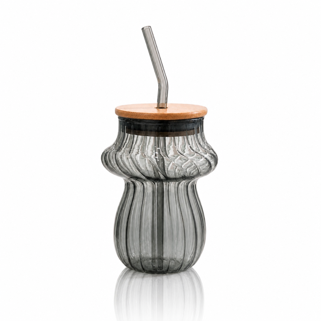 Mushroom Glass Tumbler with Bamboo Lid & Glass Straw — 420ml Borosilicate Aesthetic Coffee Cup | Ribbed Smoked Grey, Non-Toxic & Lead-Free