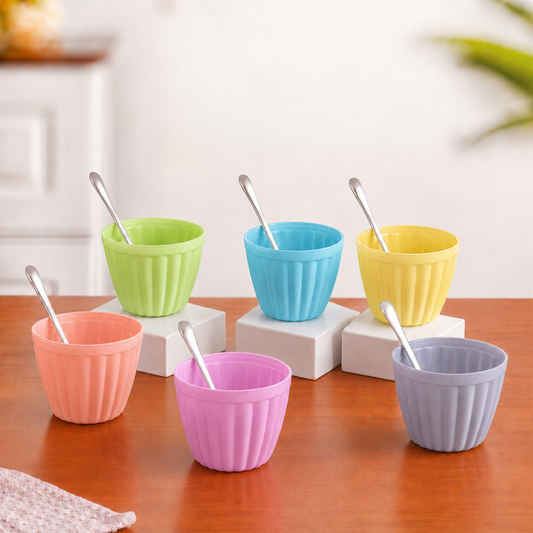 Colourful Ice Cream Bowl & Spoon Set of 6 — 160ml Glazed Glass Dessert Bowls with Stainless Steel Spoons | Pastel Ribbed Design, 100% Food Safe