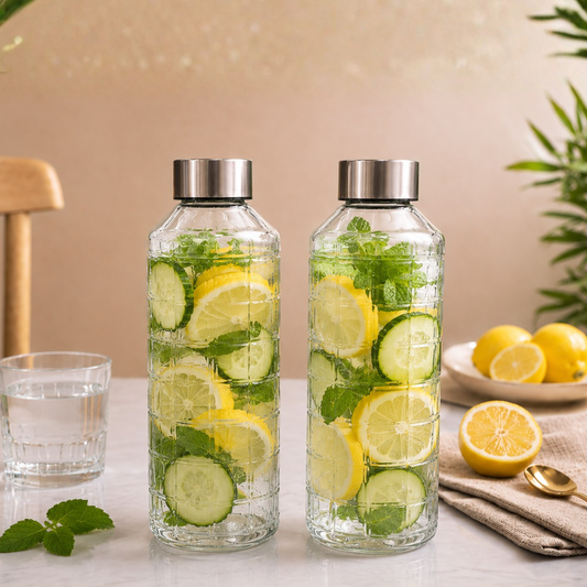Grid Glass Water Bottle Pack of 2 — 1 Litre Each | Embossed Brick Texture, Stainless Steel Cap, Lead & BPA Free | Dishwasher Safe