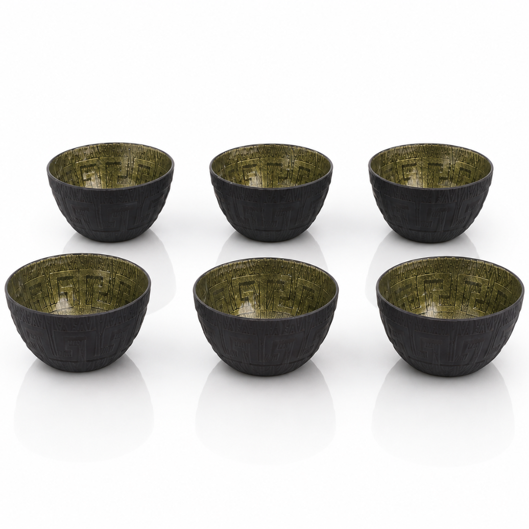 Turkish Design Glass Bowl Set of 6 — 180ml | Matte Black Embossed Exterior & Green Gold Metallic Interior | Premium Multipurpose Dessert Bowls