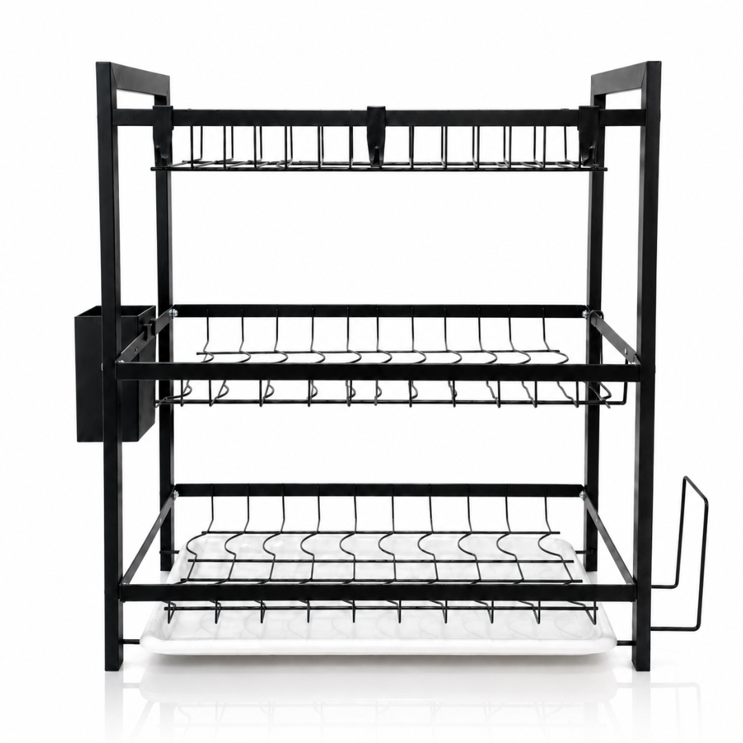 3 Tier Dish Rack — Carbon Steel Dish Drying Rack with Drip Tray, Cutlery Holder & Chopping Board Stand | Rust-Proof Countertop Organiser