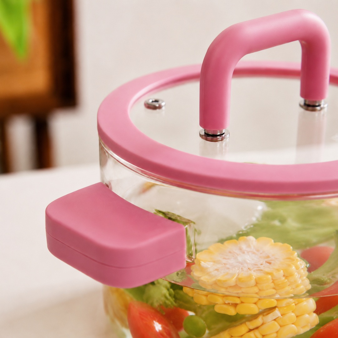 Borosilicate Glass Cooking Pot with Lid & Silicone Handles — 1800ml | Microwave, Stovetop & Dishwasher Safe | Non-Toxic Lead-Free Glass Saucepan