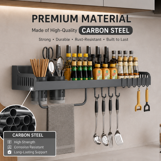 Carbon Steel Wall-Mounted Kitchen Organizer Rack 60cm — High-Strength Shelf with 8 Sliding Hooks, Double Utensil Holder & Towel Bar | Modular Kitchen Wall Storage