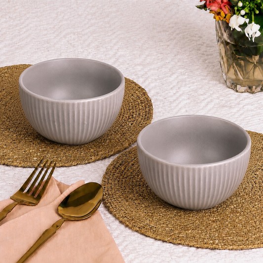 Ribbed Ceramic Bowls Set – Matte Grey Stoneware | 500 ml Serving Bowls | Microwave & Dishwasher Safe | Food Safe