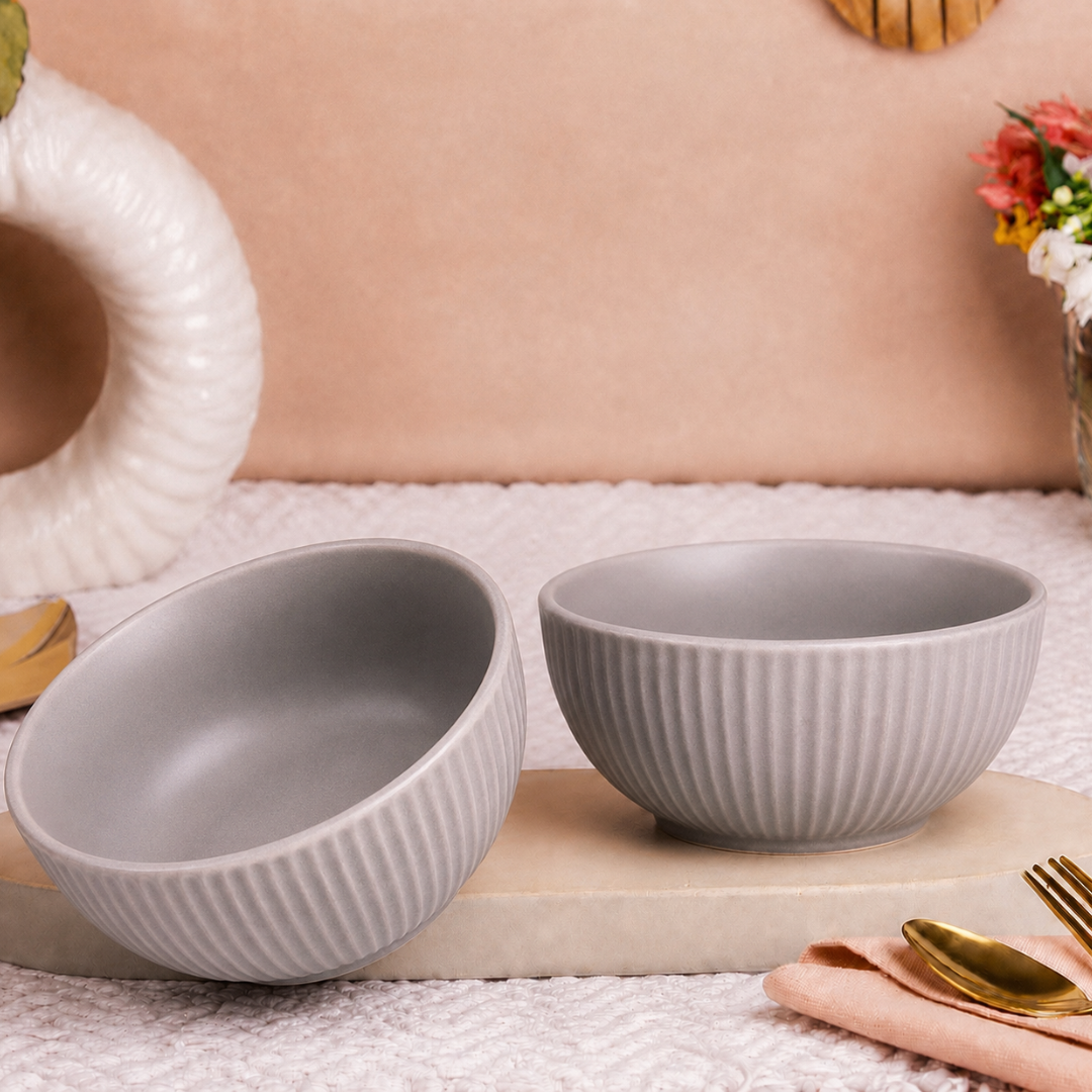 Ribbed Ceramic Bowls Set – Matte Grey Stoneware | 500 ml Serving Bowls | Microwave & Dishwasher Safe | Food Safe