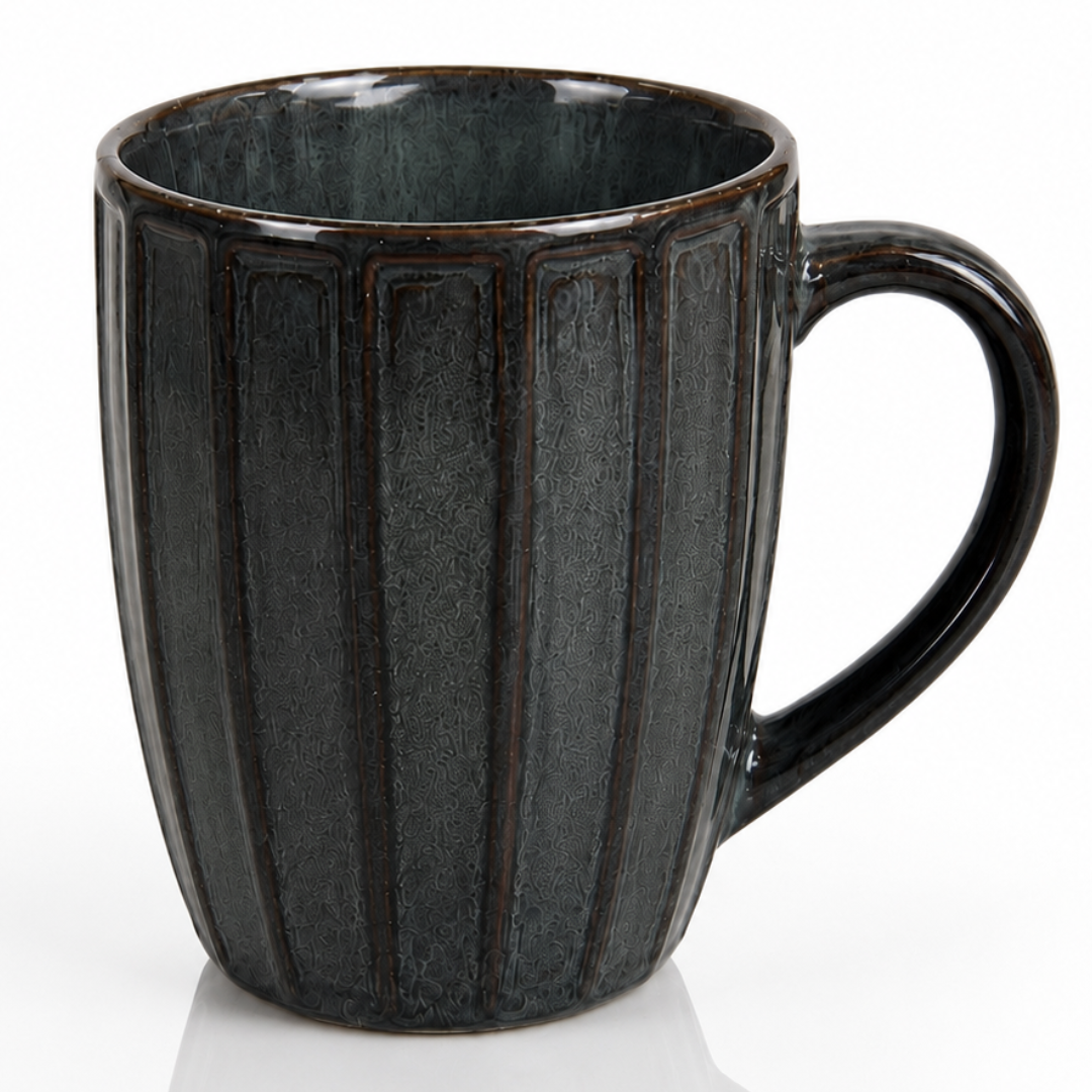 Long Ribbed Ceramic Coffee Mug – Charcoal Reactive Glaze | 350 ml Tall Stoneware Mugs with Handle | Lead & Cadmium Free