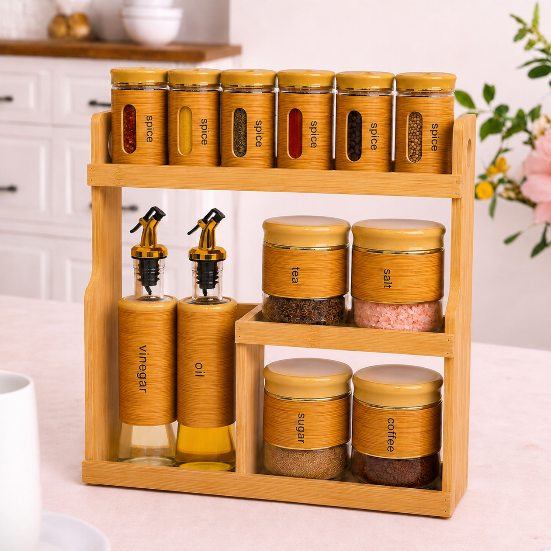 drawer spice jars and organizer Bamboo Wood Spice Rack Organizer Set with 12 Glass Jars Oil Dispenser  Bottles Airtight Kitchen Storage Containers for Spices, Tea, Salt, Sugar 