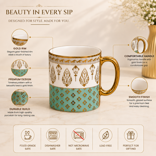 Teal Gold Fleur Mug Set 6 pcs