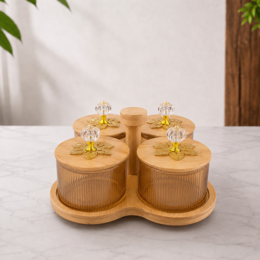 Borosilicate Glass Jar Set of 4 with 360° Revolving Bamboo Tray – Airtight Ribbed Glass Storage Jars, Crystal Knob Lid, 500ml Each