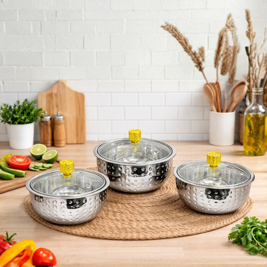 Hammered Stainless Steel Serving Bowl Set of 3 — 500ml, Medium & 1500ml | Toughened Glass Lid with Golden Knob | Double Wall Mirror Finish | Premium Indian Dining Serveware