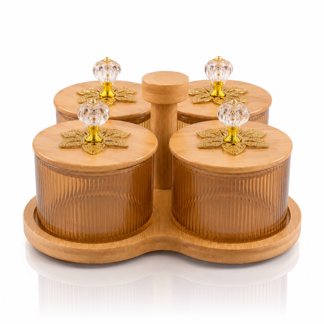 Borosilicate Glass Jar Set of 4 with 360° Revolving Bamboo Tray – Airtight Ribbed Glass Storage Jars, Crystal Knob Lid, 500ml Each