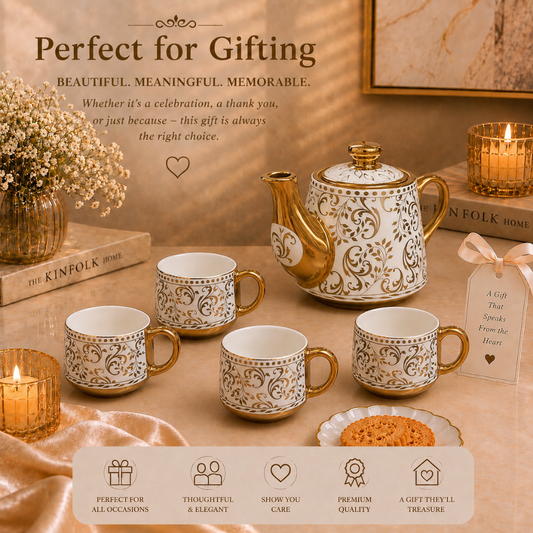 Rivera Gold Handle Ceramic Tea Set — Baroque Scroll Vine Kettle & 4 Cups