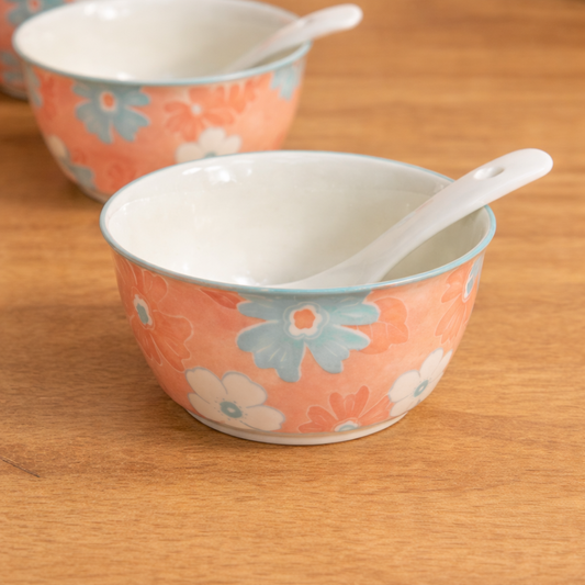 BloomFlora Porcelain Soup Bowl and Spoon Set (4 Bowls + 4 Spoons)