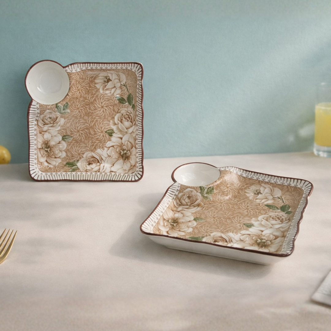 Crockwitty Vintage Floral Ceramic Snacks Serving Dip N Dip Platter Set of 2