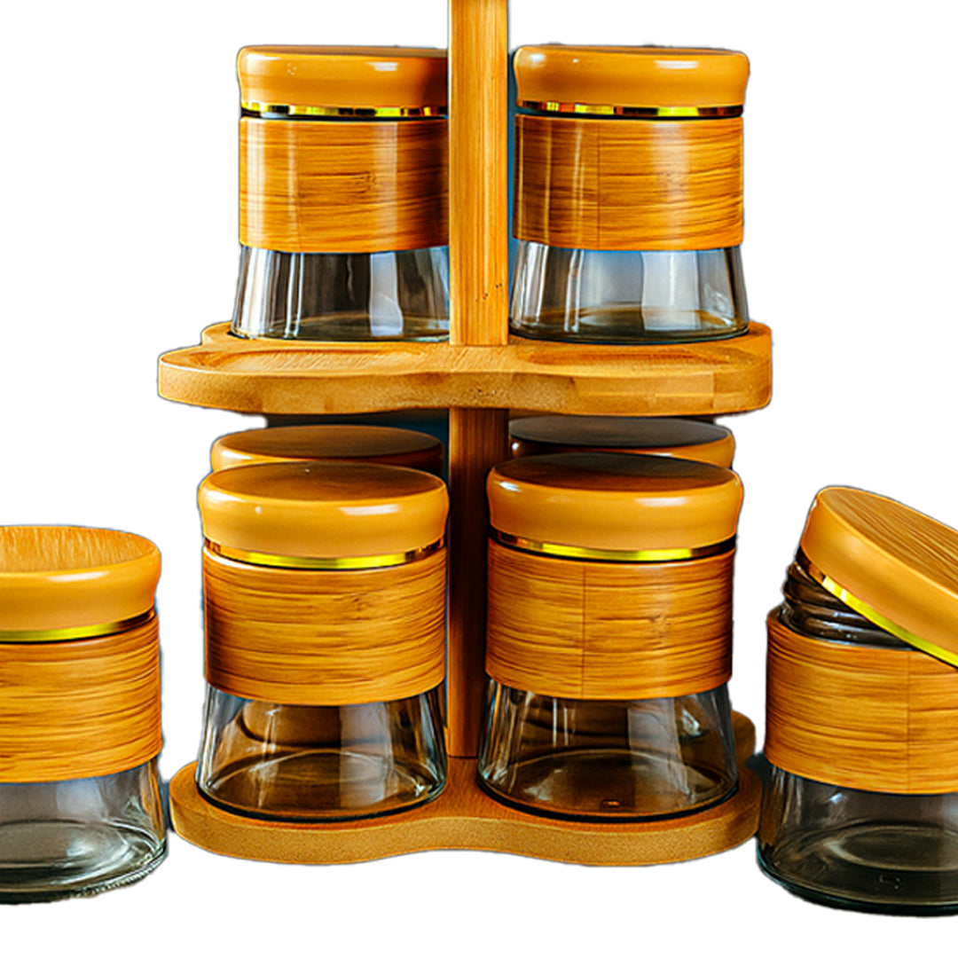 Storage Jars with Rotating Bamboo Wood Stand Set of 8