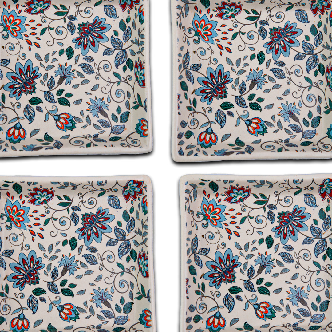 Handcrafted Artisan Bloom Ceramic Square Platter Set of 6
