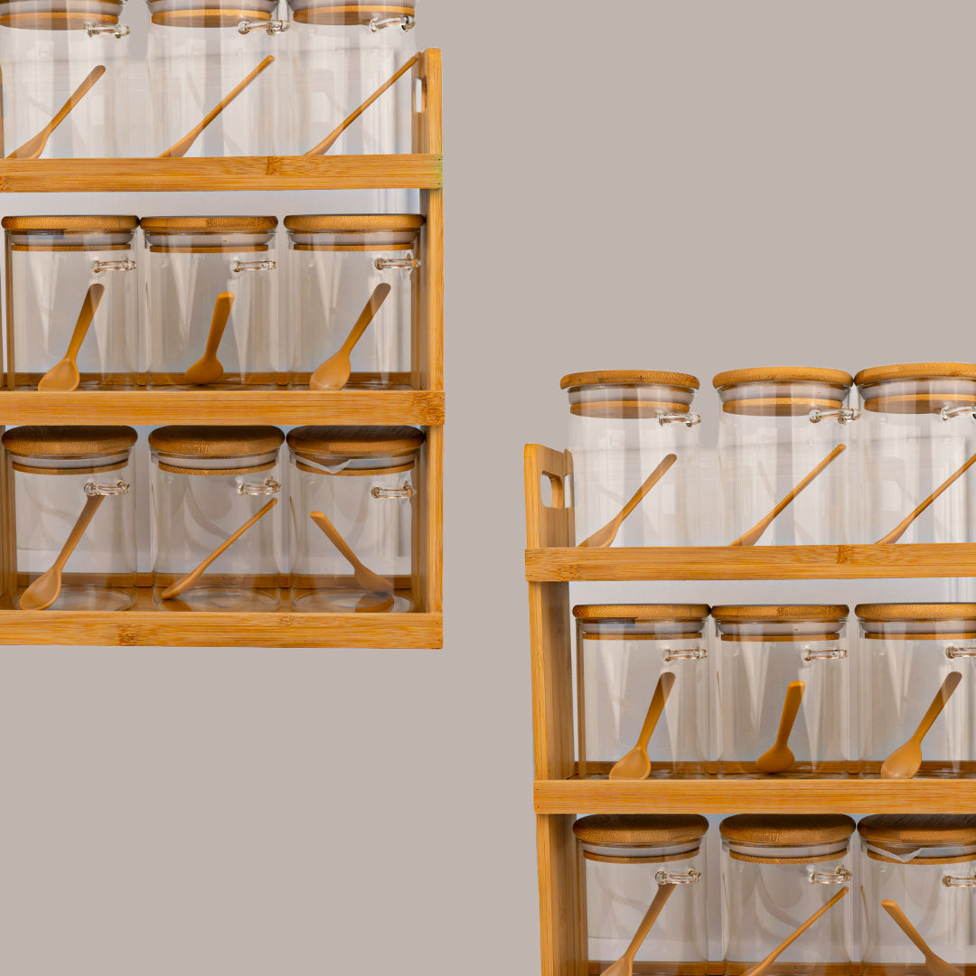 Glass Spice Jars with Bamboo Rack Set of 9 – 440ml Airtight Kitchen Storage Containers with Wooden Lids & Spoons | 3-Tier Countertop Organizer | BPA-Free, Lead-Free, Food Safe