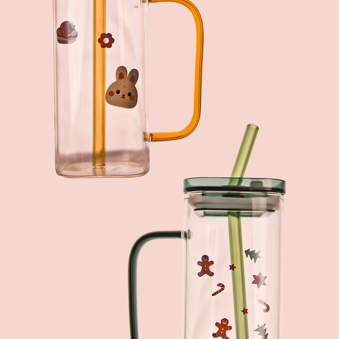 Aesthetic Borosilicate Kids Glass Tumbler with Straw Set of 2 400 ml