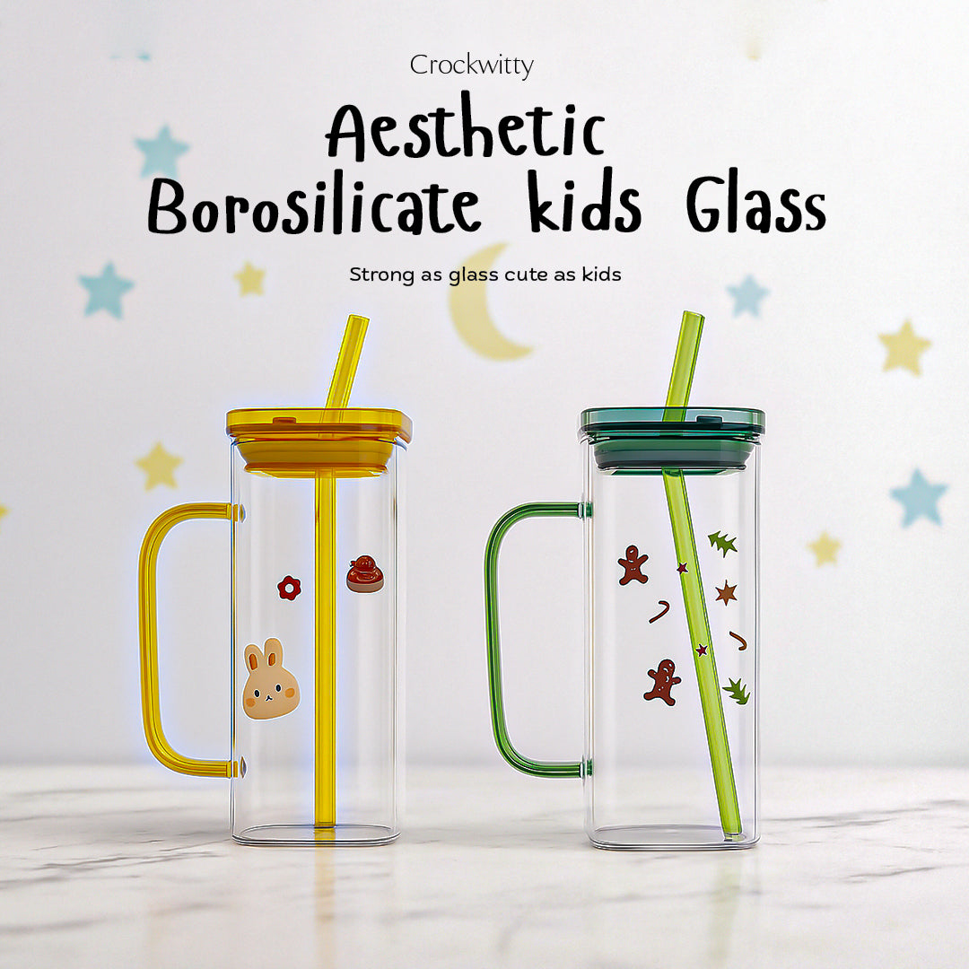 Aesthetic Borosilicate Kids Glass Tumbler with Straw Set of 2 400 ml