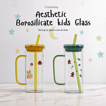 Aesthetic Borosilicate Kids Glass Tumbler with Straw Set of 2 400 ml