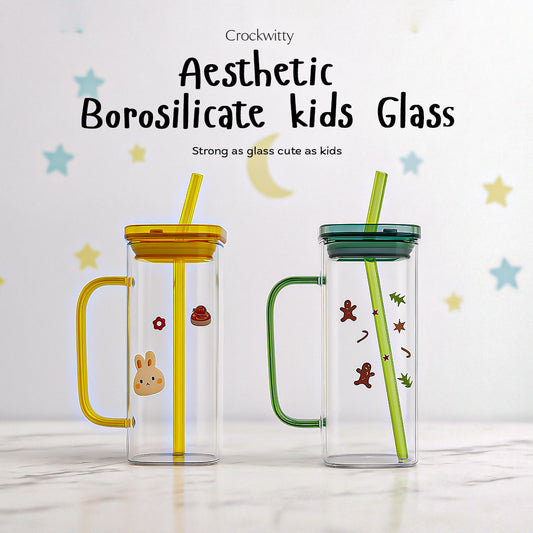 Aesthetic Borosilicate Kids Glass Tumbler with Straw Set of 2 400 ml