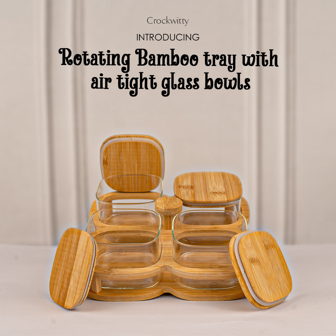 Rotating Bamboo Tray with Airtight Glass Bowls Set of 4 500 ml