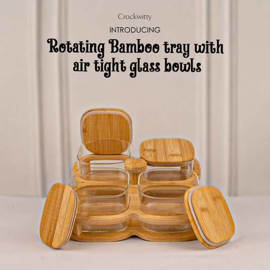 Rotating Bamboo Tray with Airtight Glass Bowls Set of 4 500 ml