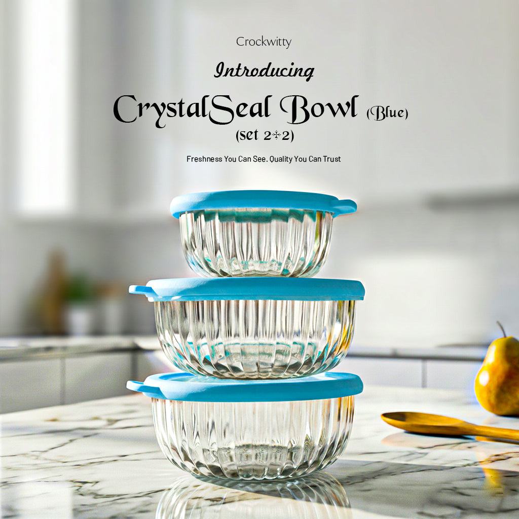 CrystalSeal Glass Storage Bowls – Set of 4 (2 bowls of 350 ml & 2 bowls of 650 ml), Microwave Safe Bowls with Silicone Unbreakable Lid