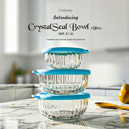 CrystalSeal Glass Storage Bowls – Set of 4 (2 bowls of 350 ml & 2 bowls of 650 ml), Microwave Safe Bowls with Silicone Unbreakable Lid