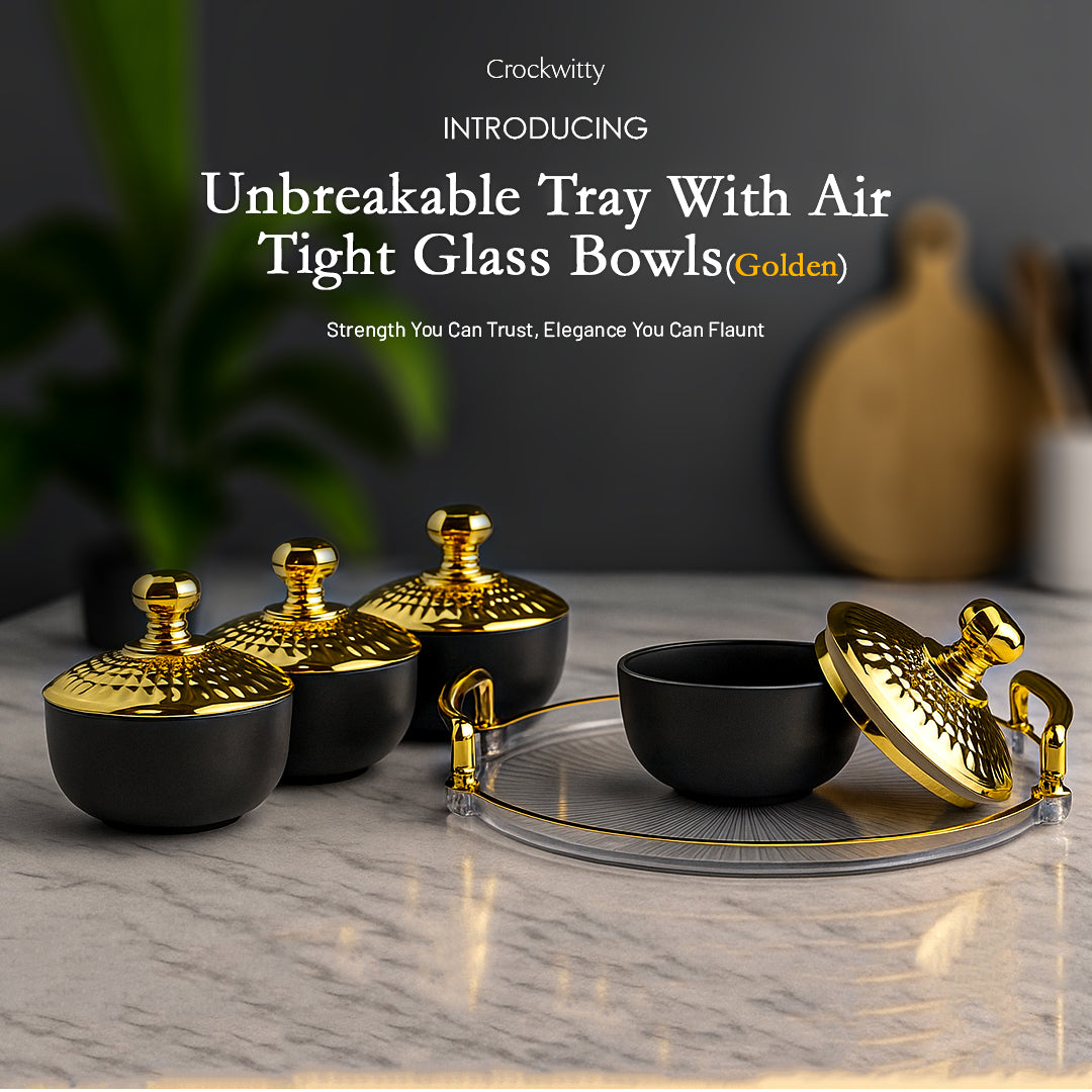 Unbreakable Tray with Airtight Glass Bowls (Golden) 280 ml