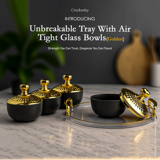 Unbreakable Tray with Airtight Glass Bowls (Golden) 280 ml