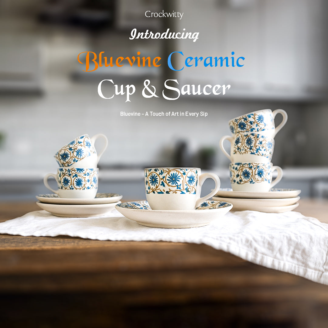 Handcrafted Bluevine Ceramic Cup and Saucer Set of 2 200 ml