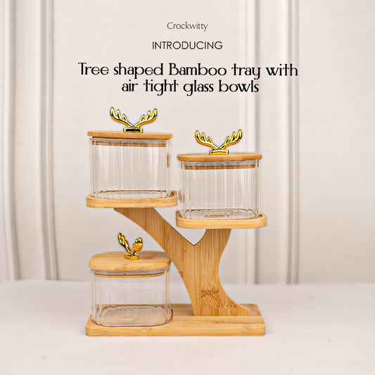 Tree Shaped Bamboo Tray with Airtight Glass Bowls 500 ml